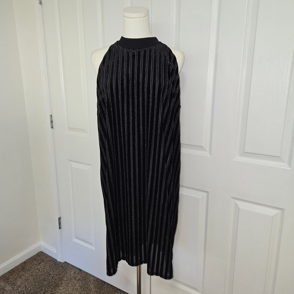J. Jill Dress Womens XL Petite Black Velvet Silver Metallic‎ Stripe Halter Shift
